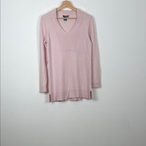 Griffen Cashmere Pintuck Long Sleeve Women's L Pink V-Neck  Soft Tunic Sweater